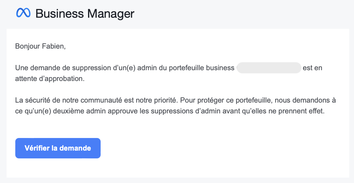 Demande d'approbation par un 2e admin Meta Business Manager